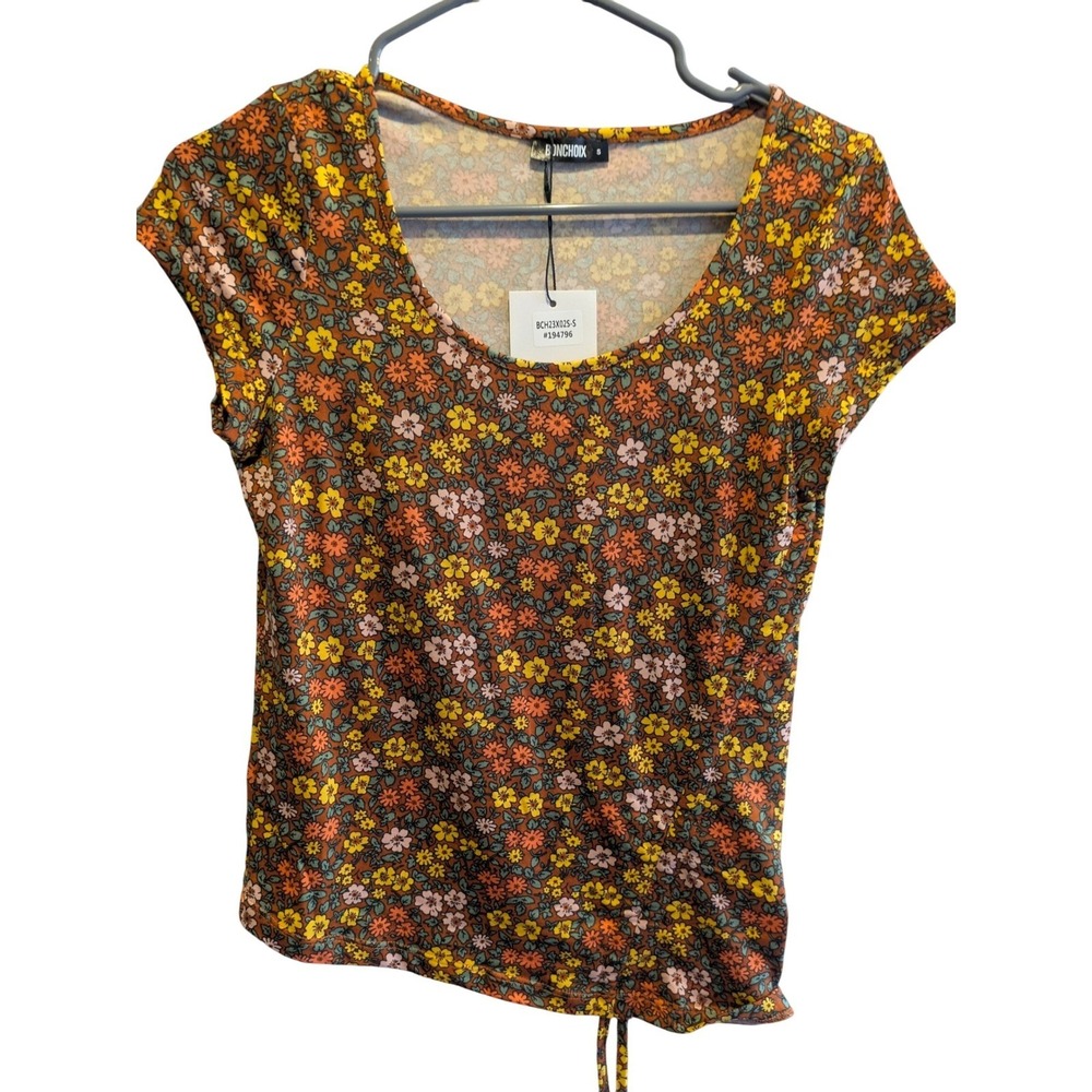 Floral Flower Print Top Womens Small Short Sleeve Brown Yellow Cute‎ Bonchoix